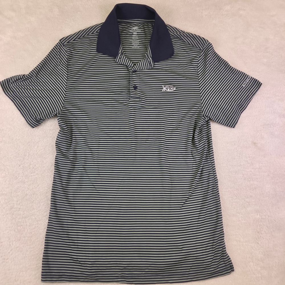 AFTCO Mens Striped Performance Polo Shirt Navy Green S Short Sleeve A-TECH 3231